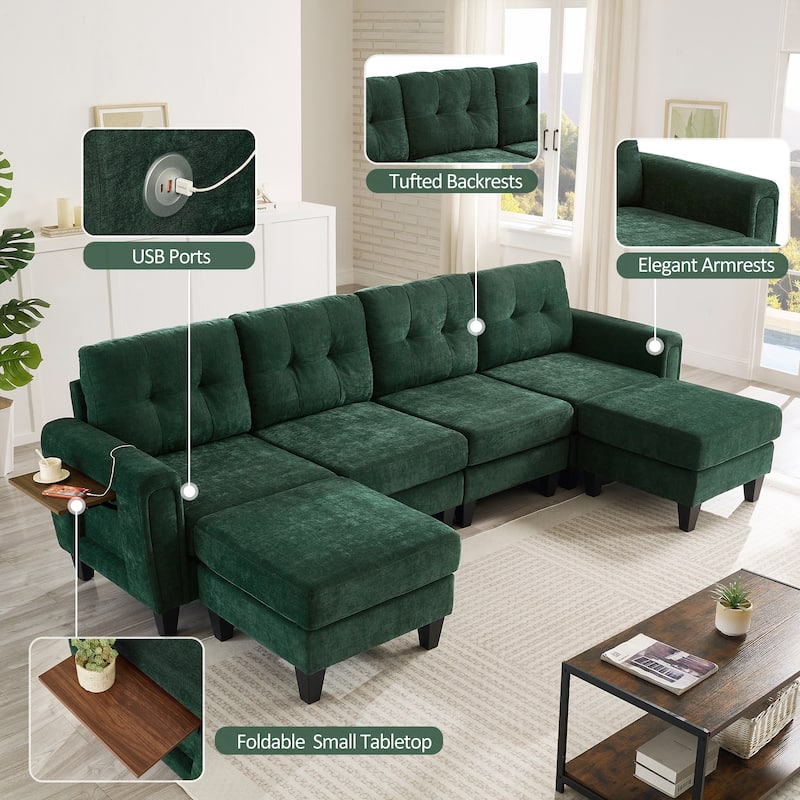 115" U-Shaped Sectional Couch, 6 Seat Upholstered Deep Seat Sofa with Movable Ottomans, USB Ports and Side Tables