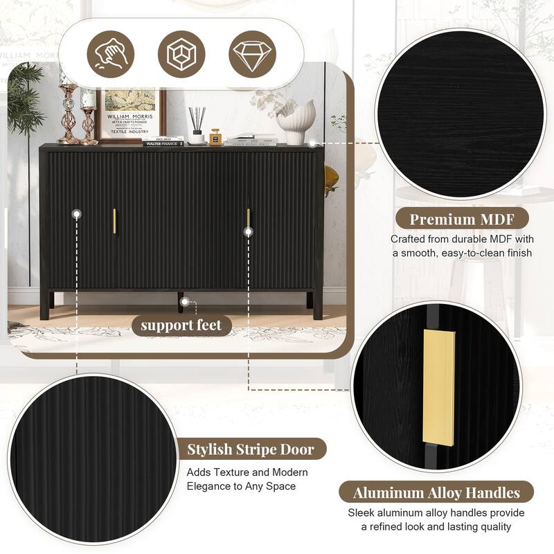 57.5" Modern Stripe Door Storage Cabinet with 4 Doors, Adjustable Shelves, Back-of-Door Racks & Side Hooks