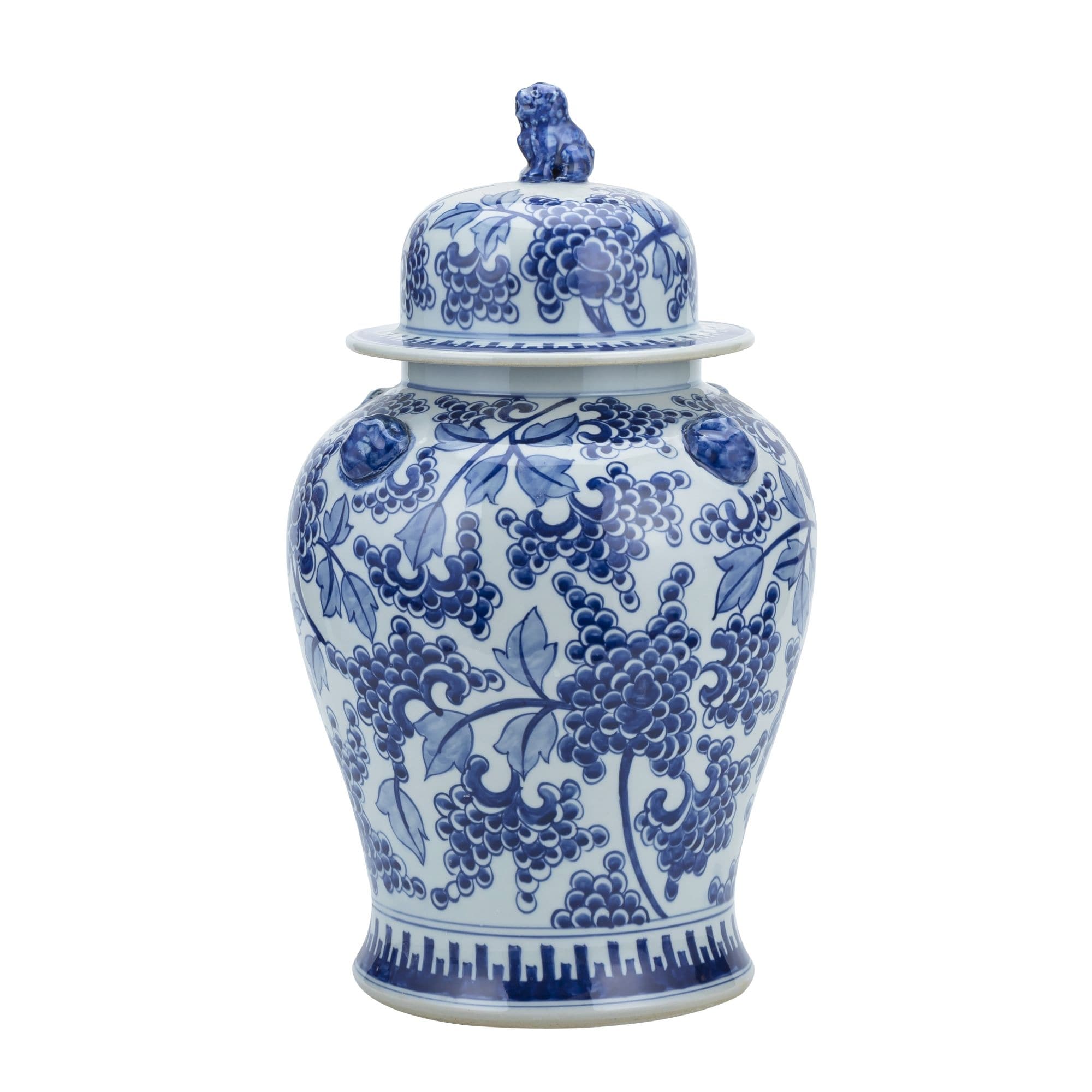 Blue & White Peony Temple Jar With Lion Handles