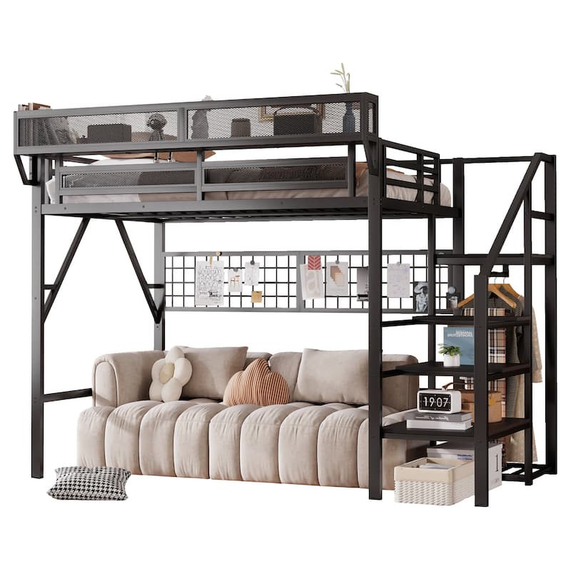 Black High Loft Bed with Wardrobe and Grid Storage for Kids Teens Adults Metal Loft Bed Frame with Light and Stairs