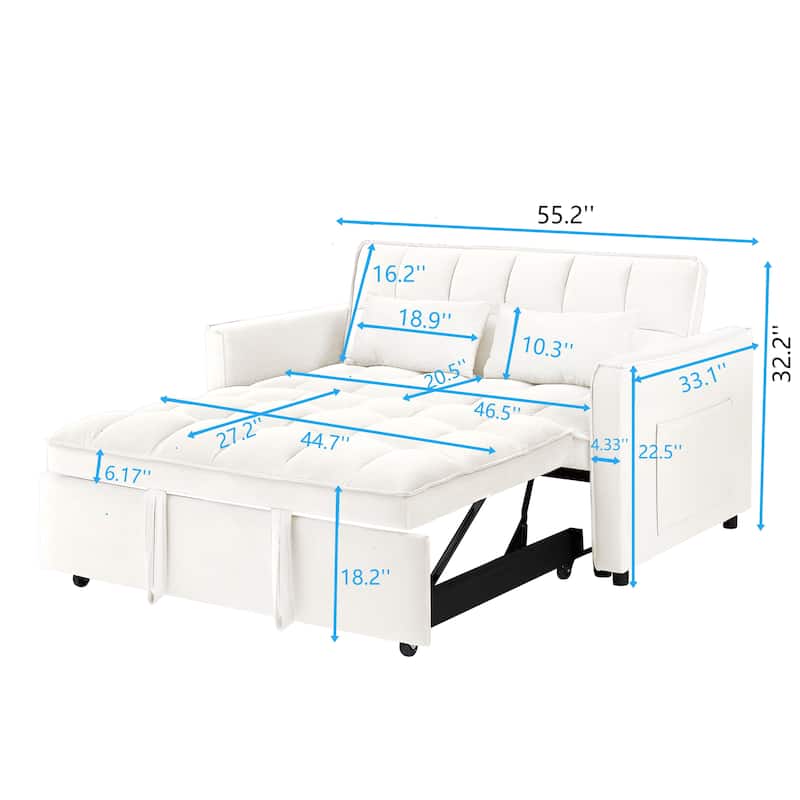 Beige+White Modern 55.1" 3 in 1 Convertible Loveseat Sofa Bed with Adjustable Back and Storage Bag for Living Room