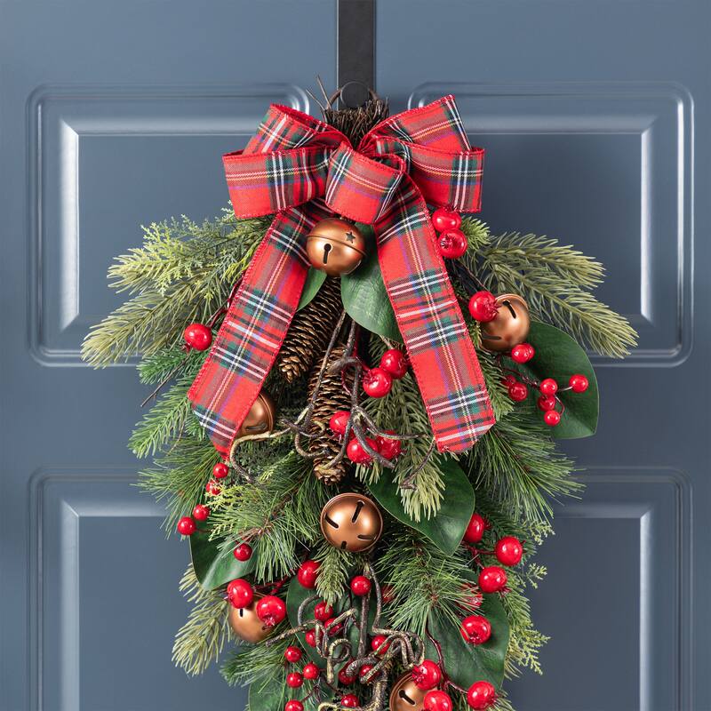 Glitzhome Christmas Berry Bow Pinecone Bell Holy Leaf Teardrop Swag Xmas Wreath