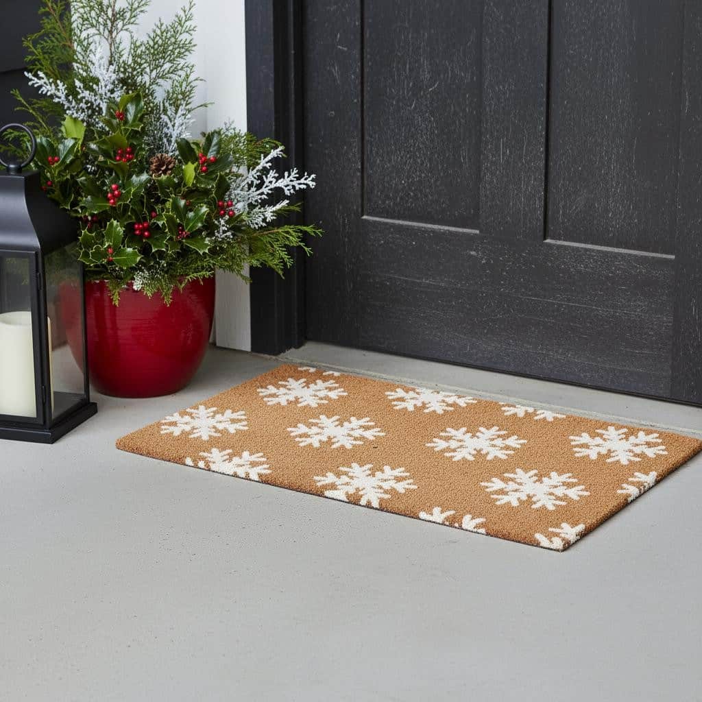 HomeRoots 17" X 29" Brown And White Christmas Snowflake Outdoor Coir Door Mat - 17.00' X '29.00