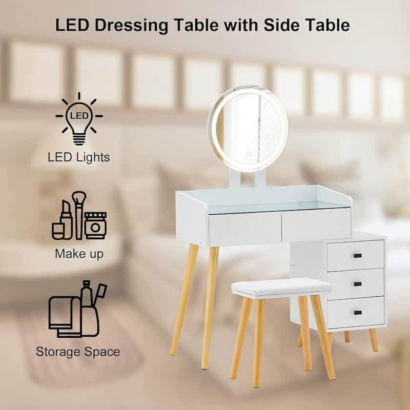 Dressing Table with LED Lights Glass Top Dressing Table with Extendable Table 5 Drawers Dressing Table with Mirror and Stool