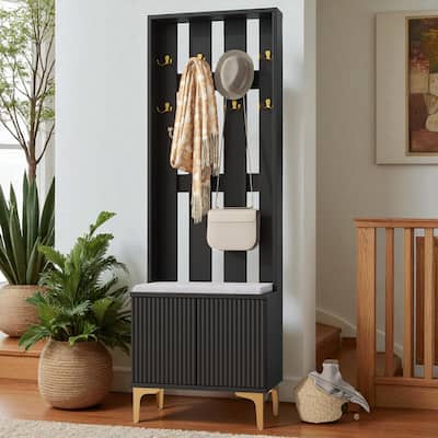 Modern 4-in-1 Hall Tree with Cushion, Fluted Doors, 8 Gold Hooks, Adjustable Shelf, Black Entryway Bench Cabinet