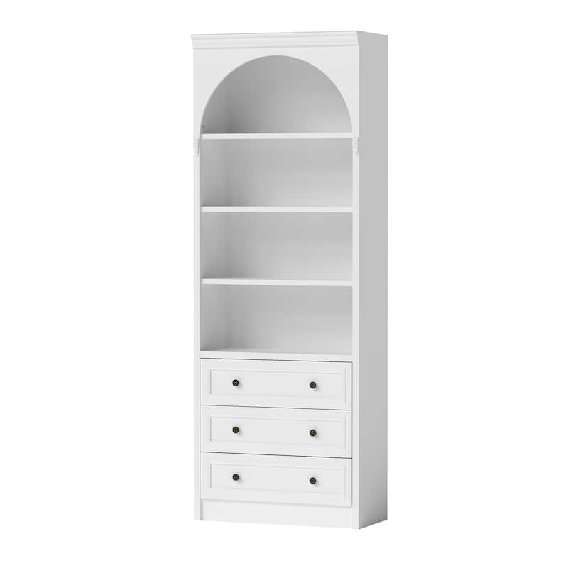 Modular White Bookcase with LED Lights & Glass Doors, 86.6" Tall Arched Display Cabinet Solid WoodStorage Cabinet