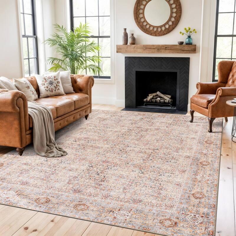 Terracotta Floral Washable Flat Pile Area Rug, Non-Slip for Living Room - 7'7" x 9'6"