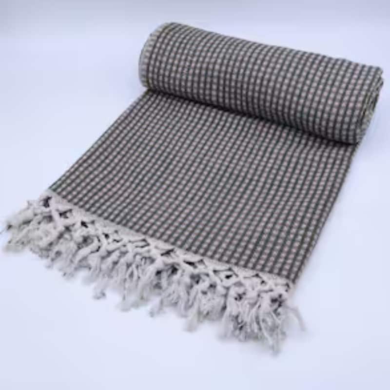 Fabdivine Handmade Check Lines Block-Printed Throw Blanket - Handwoven Cotton with Unique Fringe Knots 90x54