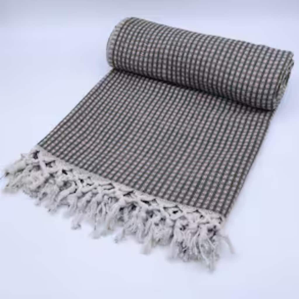 Fabdivine Handmade Check Lines Block-Printed Throw Blanket - Handwoven Cotton with Unique Fringe Knots 90x54