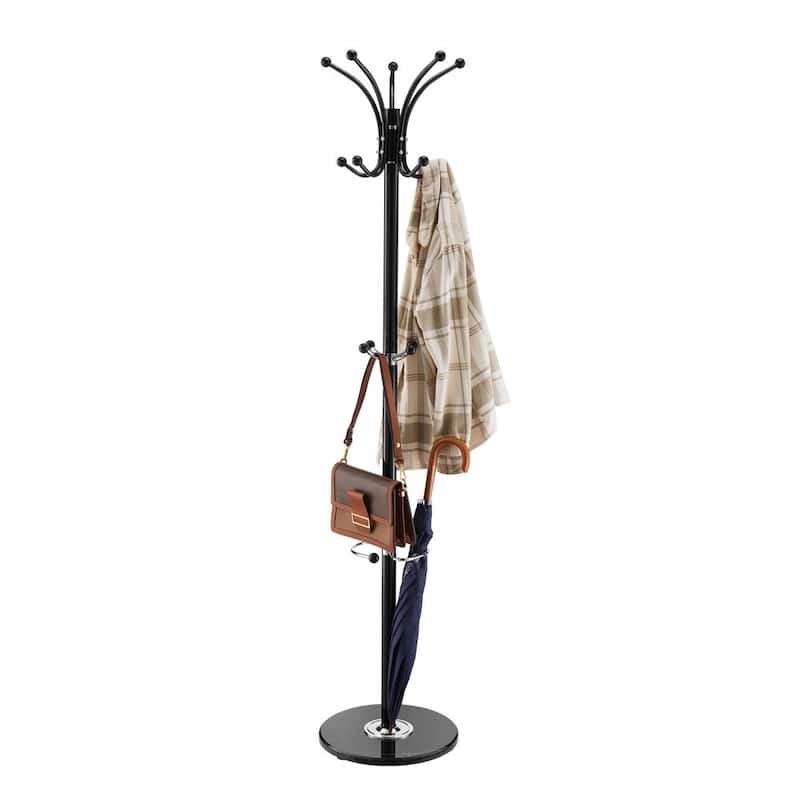 Black 14 Hooks Freestanding Coat Rack with Thick Carbon Steel Rod and Stable Marble Base - 14.57” x 14.57” x 69.29”
