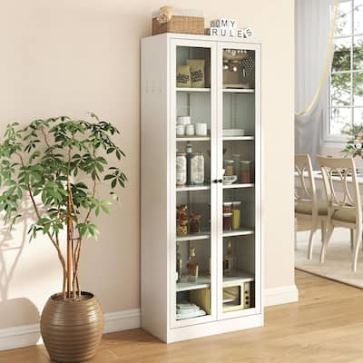 Metal Kitchen Pantry Cabinet - 72" Tall Storage with 5 Adjustable Shelves, White Freestanding Cabinet for Kitchen