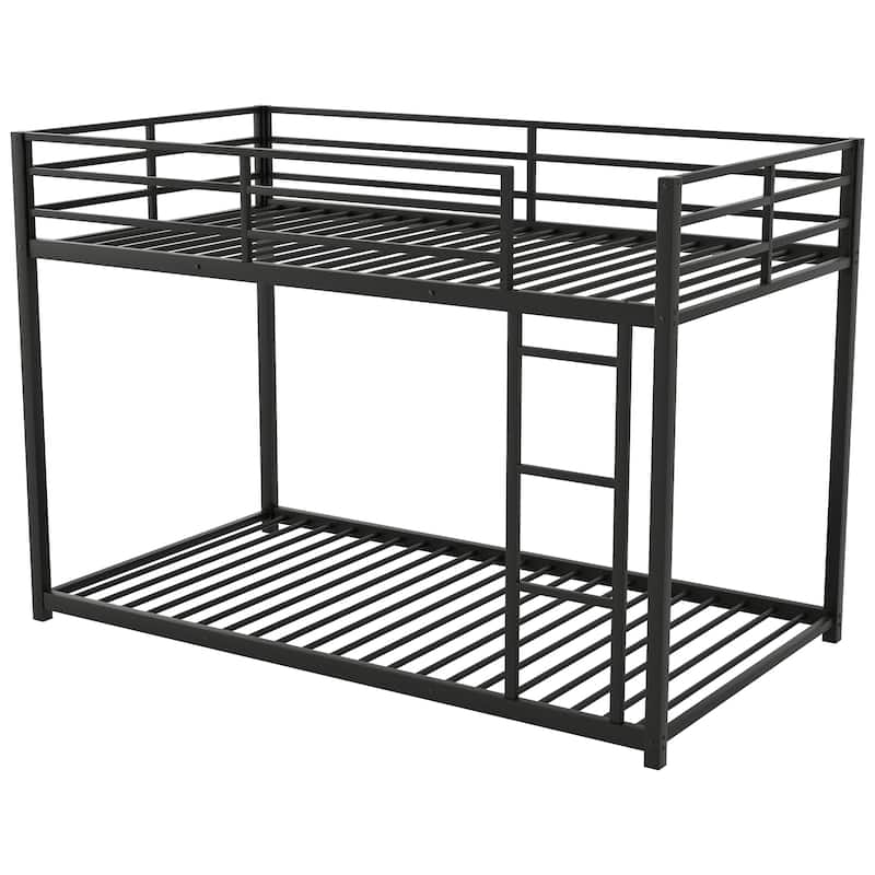 Twin over Twin Metal Bunk Bed with Ladder, Low Design, Black