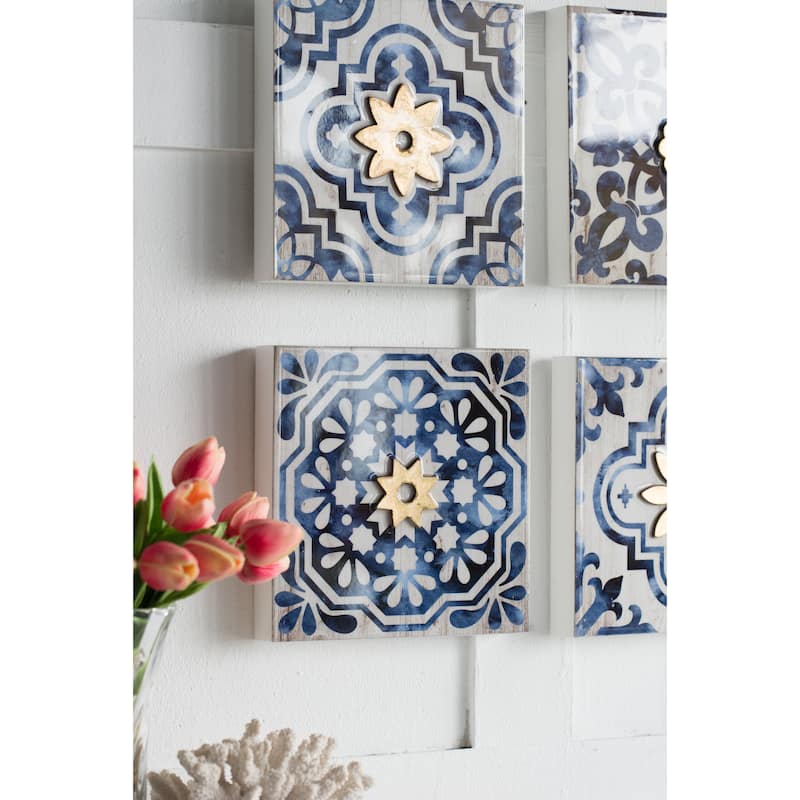 S/4 Abstract Blue, White, and Gold Wall Decor Accents, 9.5x9.5"