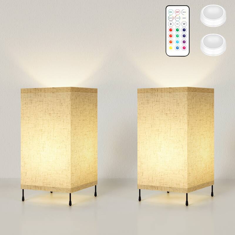 Set of 2 Night Light Small Table Lamp with Remote - 10.6in-Rectangle - Beige