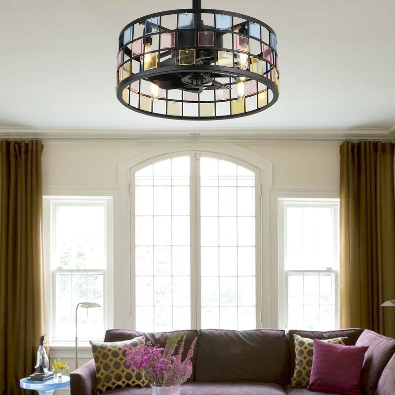 Oaks Aura Coronel 18in. DIY Tiffany Stained Glass Modern Ceiling Fan with Lights, Industrial 3-Speed Caged Ceiling Fan w/Remote