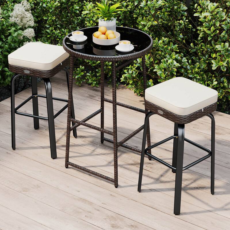 Costway 3 PCS Outdoor Swivel Bar Set with 2 Chairs, Tempered Glass - See Details
