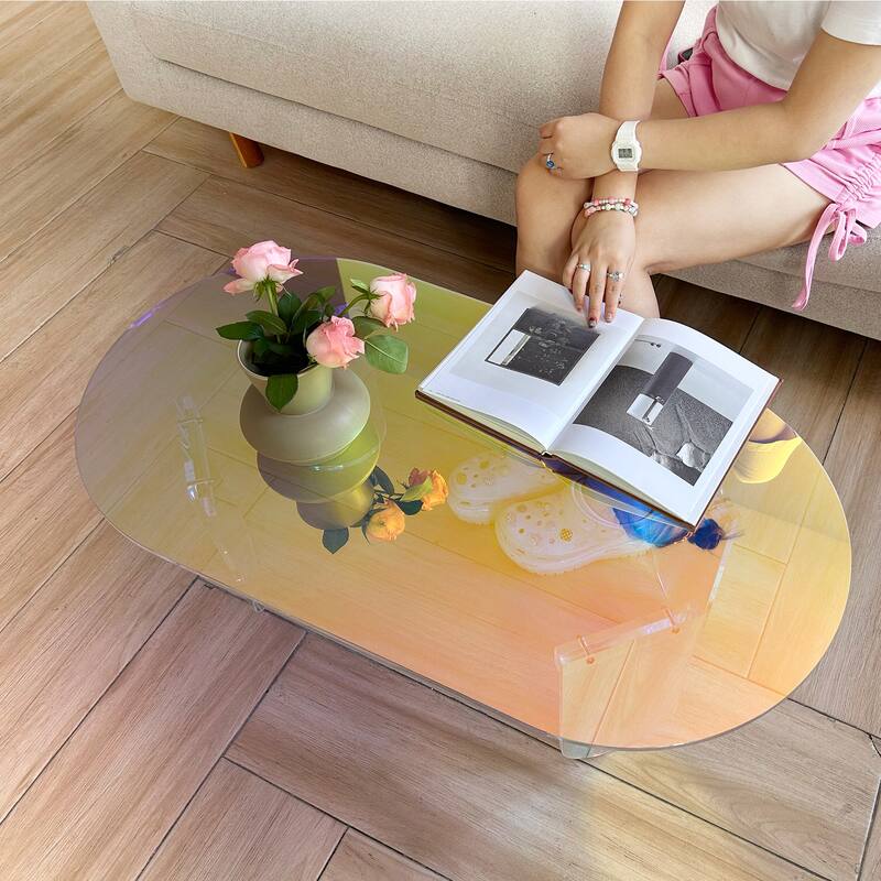 Acrylic Colorful Coffee Table Iridescent Glass End Table Side Table - 38"x20"x15"