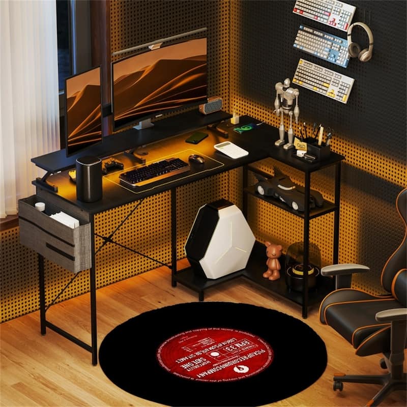 L Shaped Gaming Desk with RGB LED Lights Power Outlets USB Charging Ports Monitor Stand and Storage Shelves Reversible