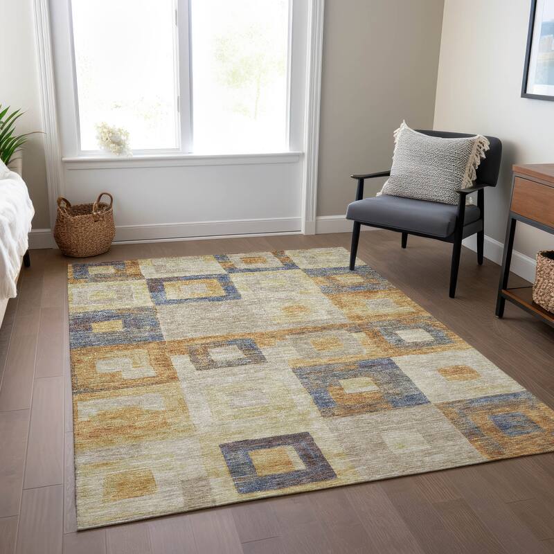 Machine Washable Indoor/ Outdoor Contemporary Blocks Chantille Rug