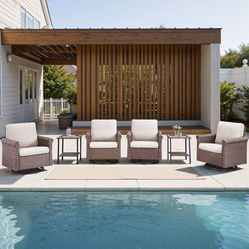 Pocassy Outdoor Sofa Swivel Chairs Patio Chair Funiture Set - 6PCS Swivel Chairs w/ Table - Brown Wicker Blue Cushion