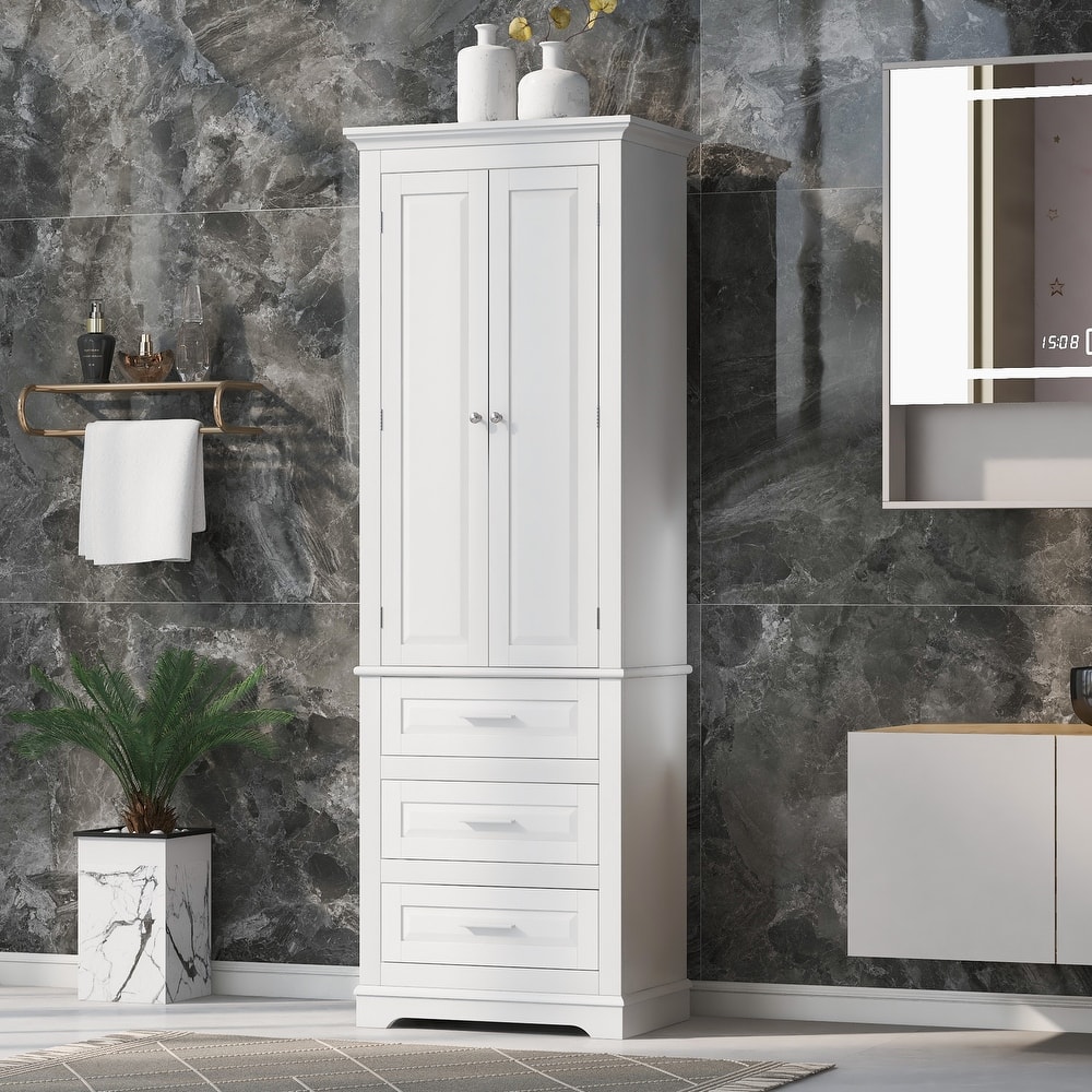 Roomfitters Tall Storage Cabinet with 3 Drawers for Bathroom or Office Freestanding Painted MDF Frame