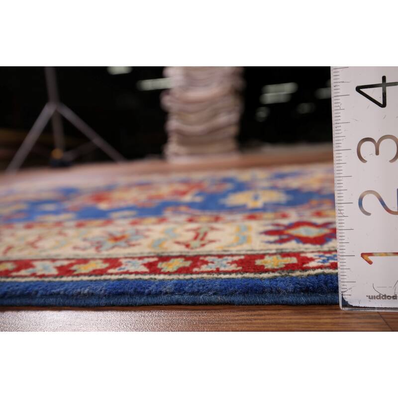 Blue Geometric Kazak Accent Rug Hand-Knotted Oriental Wool Carpet - 3'5" x 4'11"
