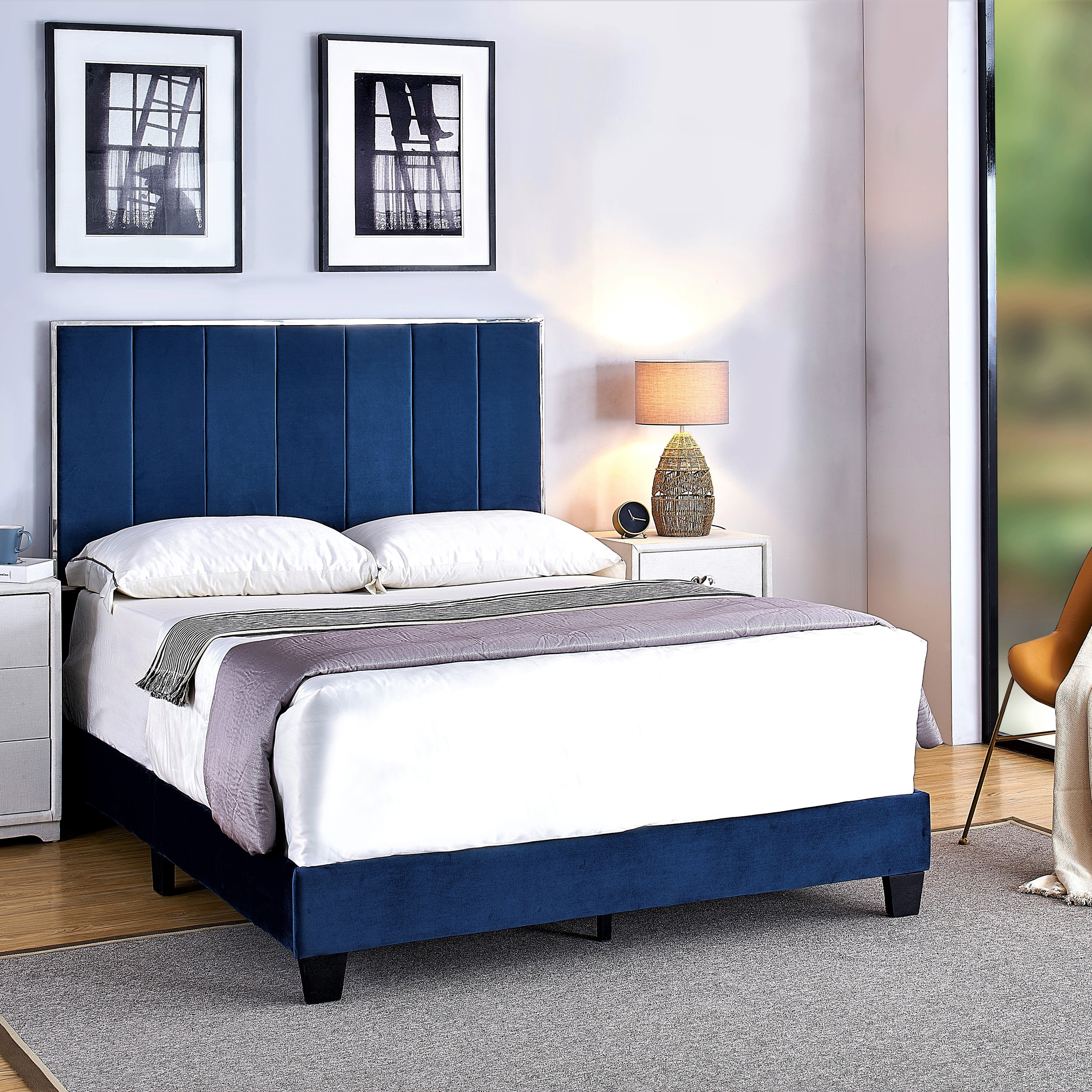Us pride furniture faux leather platform bed with led lights sale