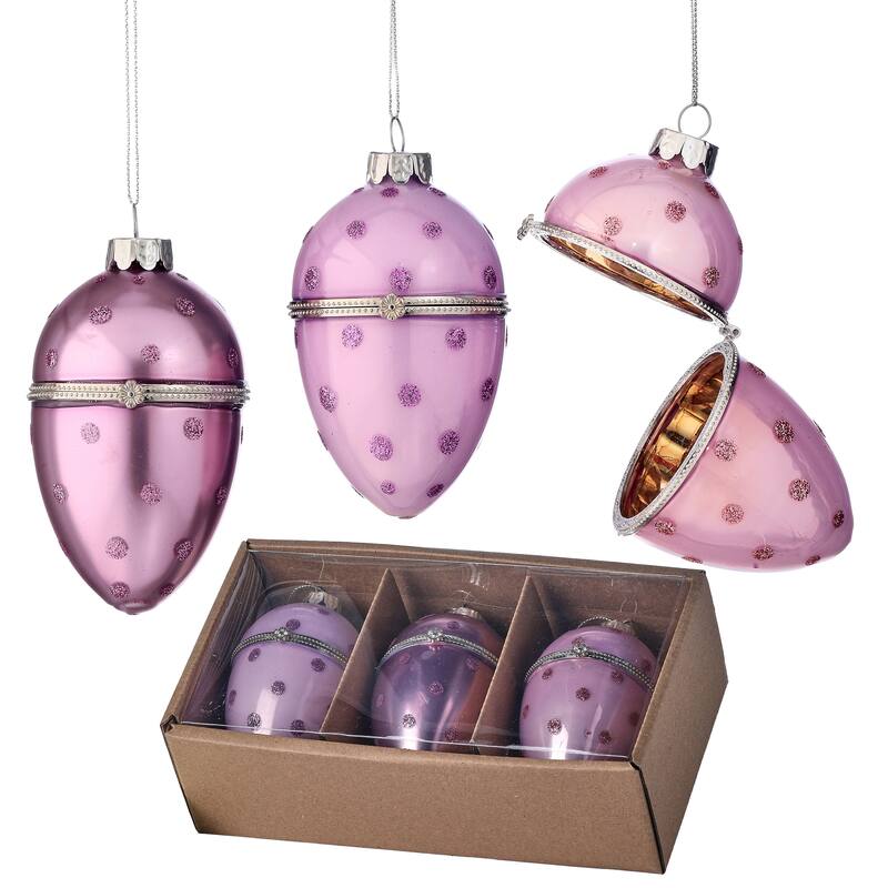 4"Glass Faberge Polka Dot Egg Ornament Box of 3