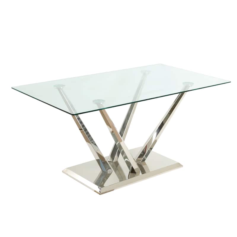 63" Glass Dining Table Set for 4, 5 Piece Dining Table and Chairs Set, Rectangular Table with 4 Faux Leather Chairs & Metal Legs