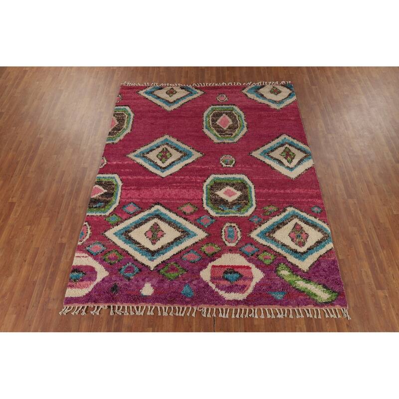 Moroccan Oriental Area Rug Hand-Knotted Geometric Wool Carpet - 8'10" x 10'6"