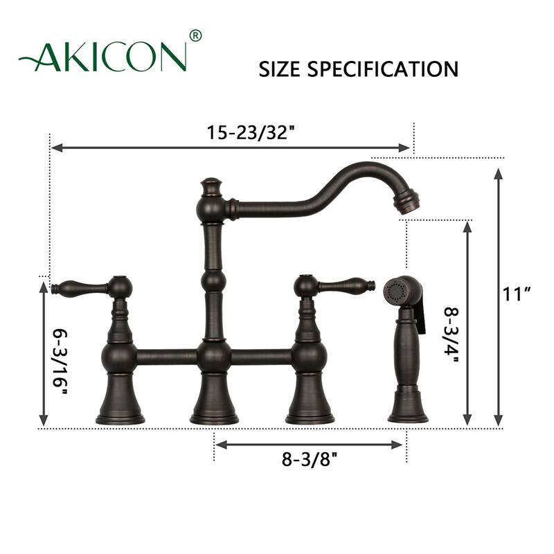 Two-Handles Bridge Kitchen Faucet with Side Sprayer 8-3/8 Inch High Arc