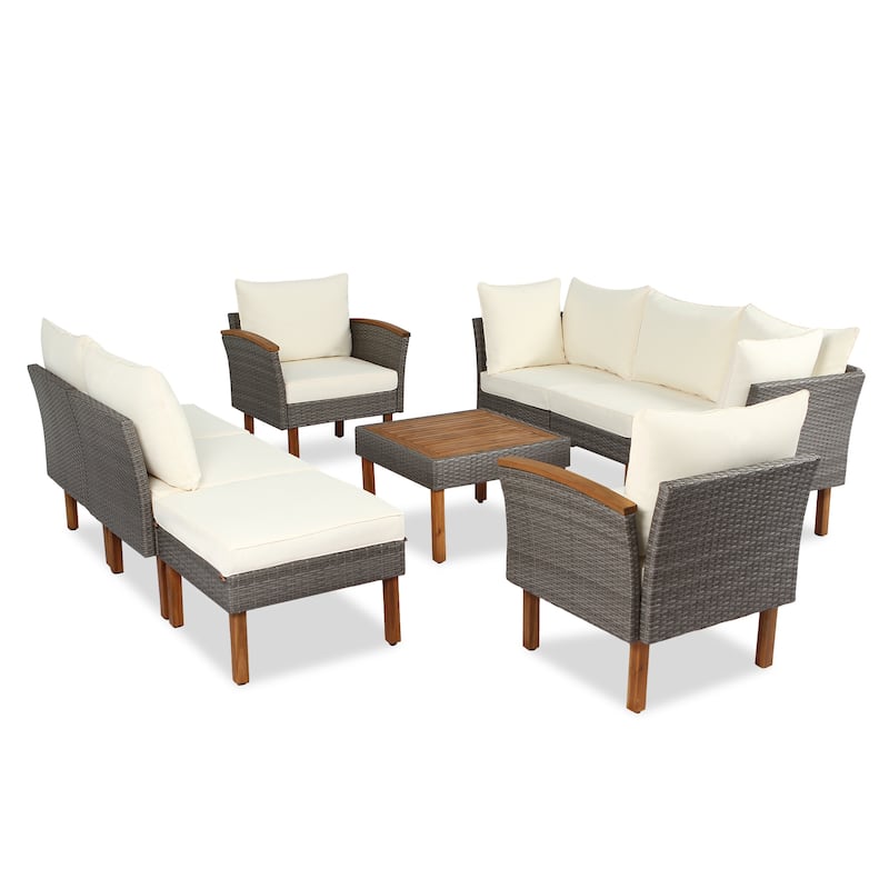 9 Piece Patio Rattan Furniture Set, Outdoor Conversation Set Sectional Sofa Set with Coffee Table & Removable Cushions