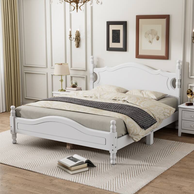 Queen Size Retro Wood Platform Bed Frame with Wooden Slat Support, White