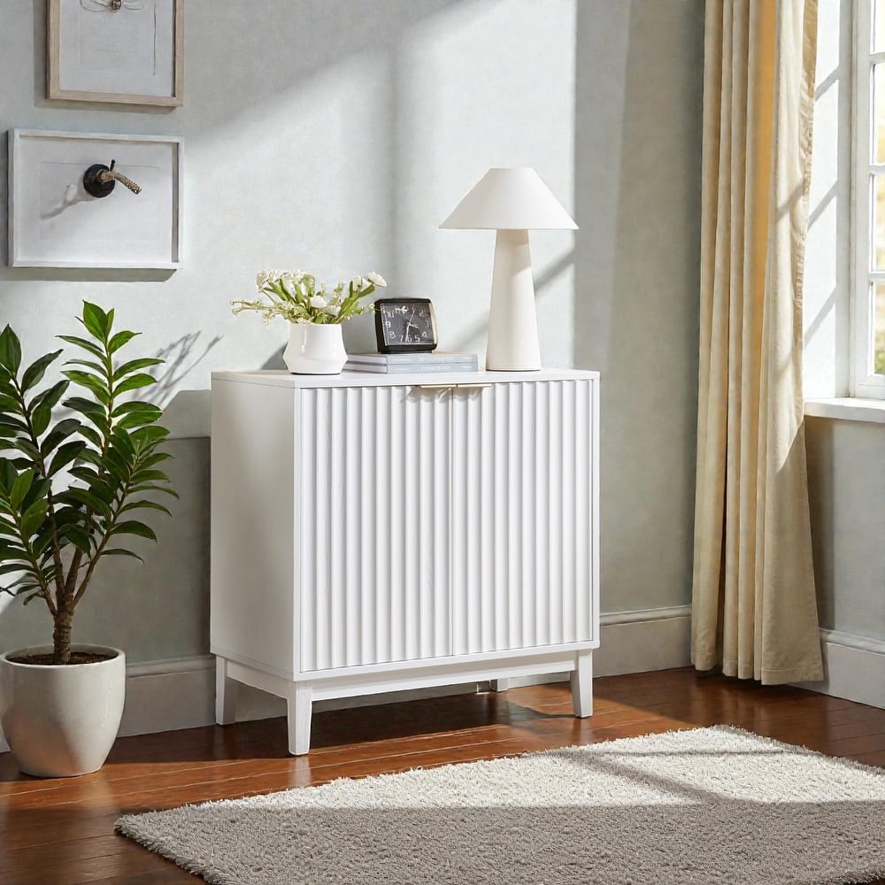 2-Door Fluted Storage Cabinet with Brass Handles, Natural Wood Accent Chest for Entryway, Dining Room or Living Room