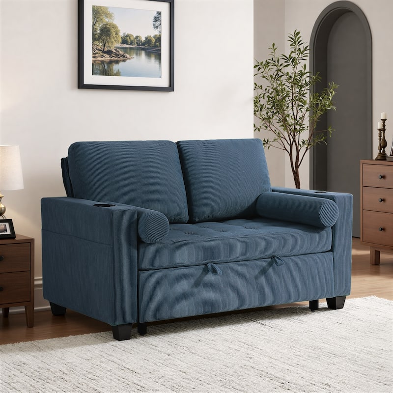 3-in-1 Corduroy Sleeper Sofa Pull-Out Bed Convertible Adjustable Loveseat with USB Port
