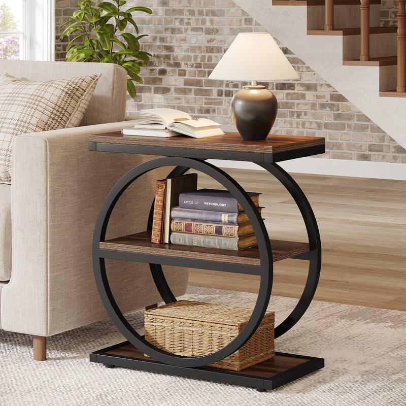 23.62 Inches Brown Wooden End Table with Geometric Base for Living Room, Industrial Nightstand for Bedroom - Brown - 1 Pc