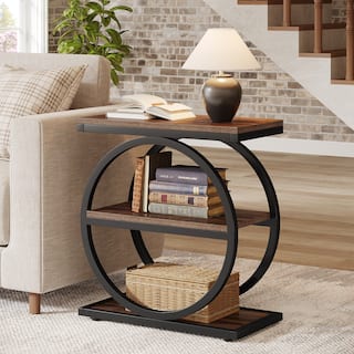 23.62 Inches Brown Wooden End Table with Geometric Base for Living Room, Industrial Nightstand for Bedroom