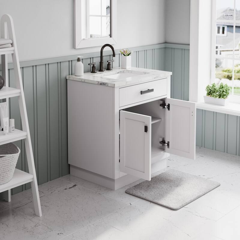 Hartford Marble Countertop Bath Vanity in White with Gooseneck Faucet