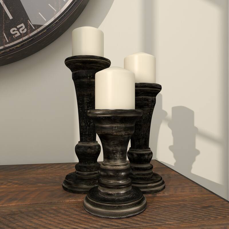 Black Mango Wood Traditional Candle Holder (Set of 3) - S/3 10", 8", 6"H