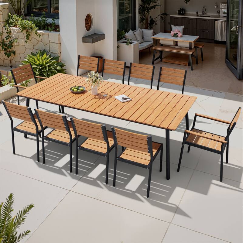 11-Piece Outdoor Patio Dining Set Wood-Like Table Top Alumium Umbrella Hole Table with Stackable Chairs - Brown