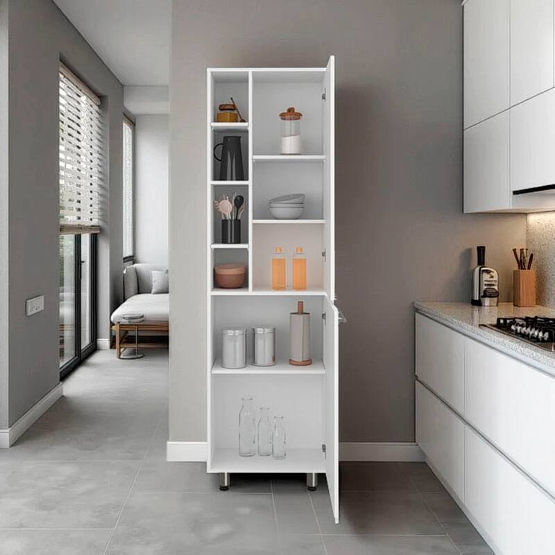 White Kitchen Pantry with Multiple Open and Closed Shelves