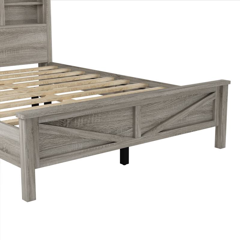 Double Sliding Barn Door Storage Headboard Wood Platform Bed Frame, Charging Station Bookcase Bed, Low Profile Bed