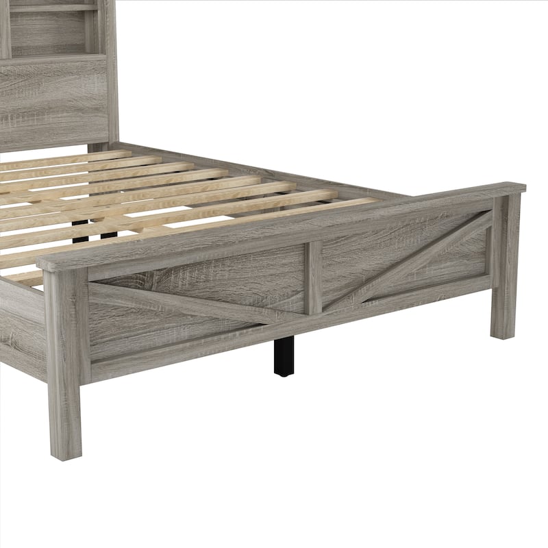 Full Size Farmhouse Platform Bed with Sliding Barn Door & Charging