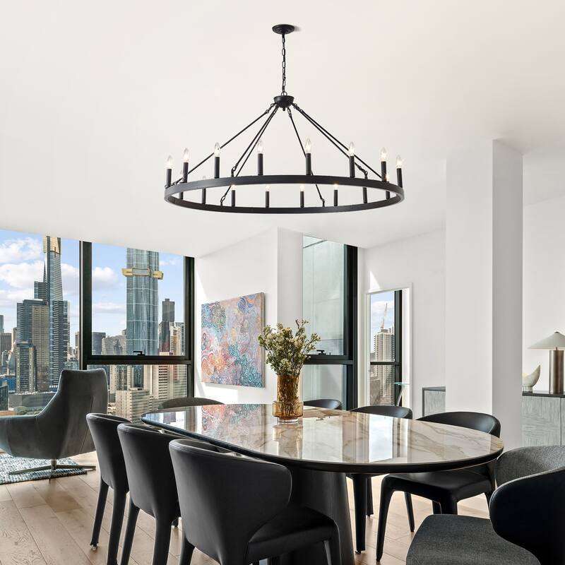 53.15 Inch Matte Black Wagon Wheel Chandelier With 18 light (No Bulbs) -E12
