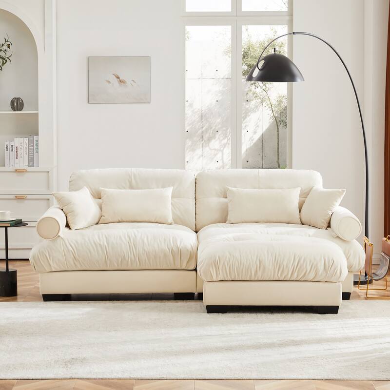93.7" Velvet 2-Seater Sectional Sofa with Ottoman & Pillows