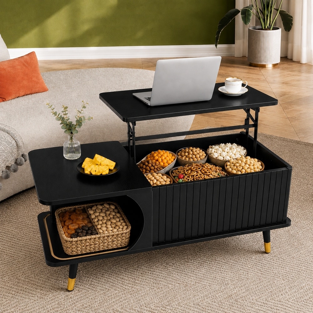 Wood Lift Top Coffee Table with Hidden Compartment and Large Storage Shelf