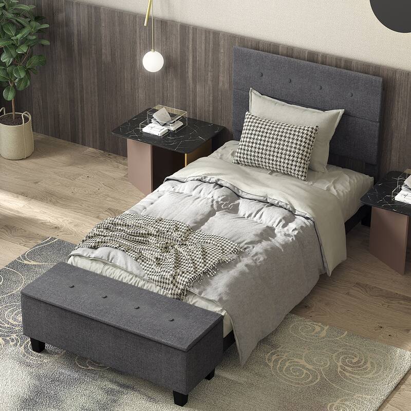 Costway Full Upholstered Bed Frame with Ottoman Storage Linen Button