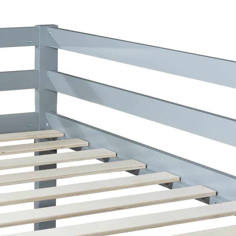 Wooden Twin over Twin Floor Bunk Bed with Ladder, with Bed Platform of Strengthened Slats