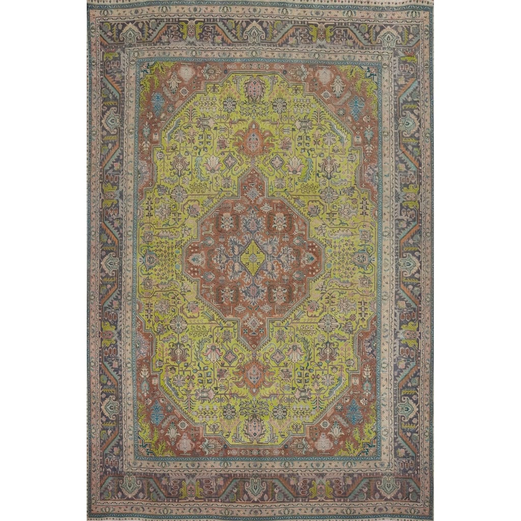 Hand Knotted Oriental 100% Wool Carpet Traditional Medallion Green Tabriz Area Rug - 12' 6'' X 9' 9''