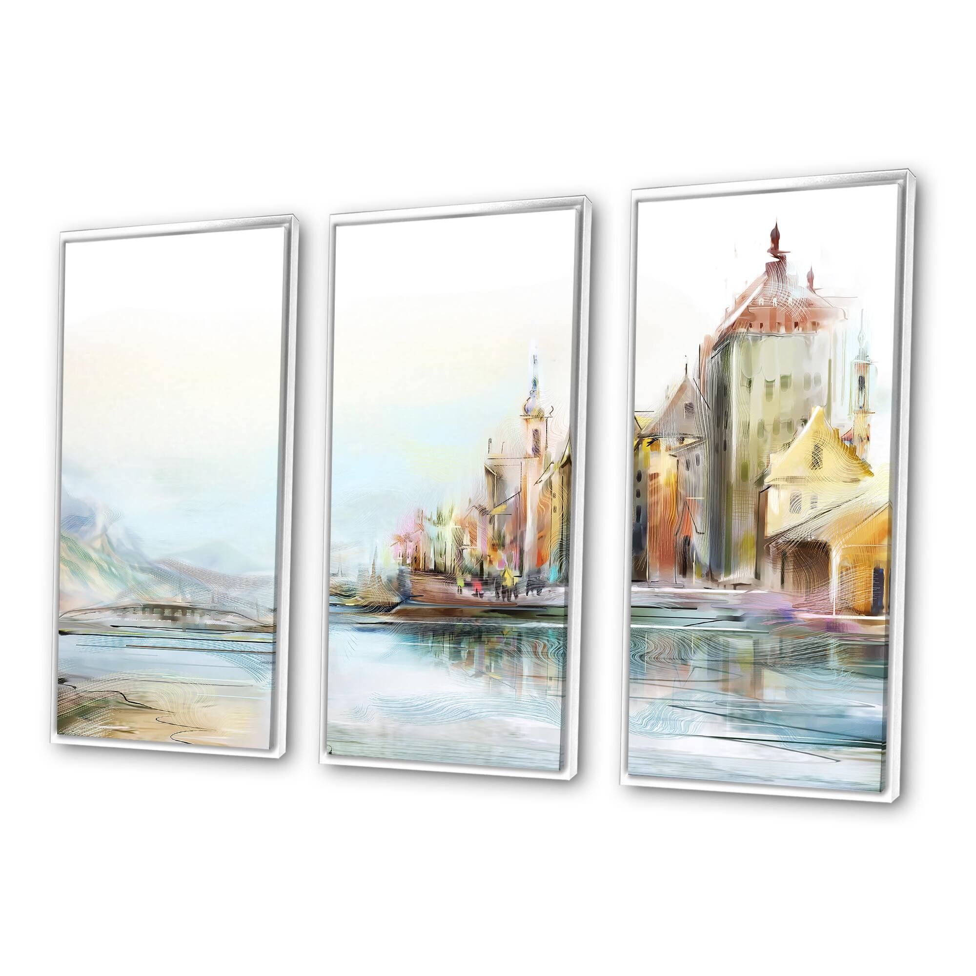 Designart "Zurich By The River In Afternoon Sunlight" Lake House Framed Art Set of 3 4 Colors